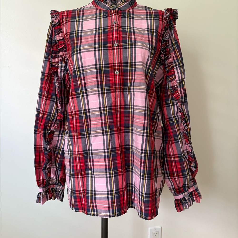 J. Crew Plaid Ruffle Sleeve Women's Top